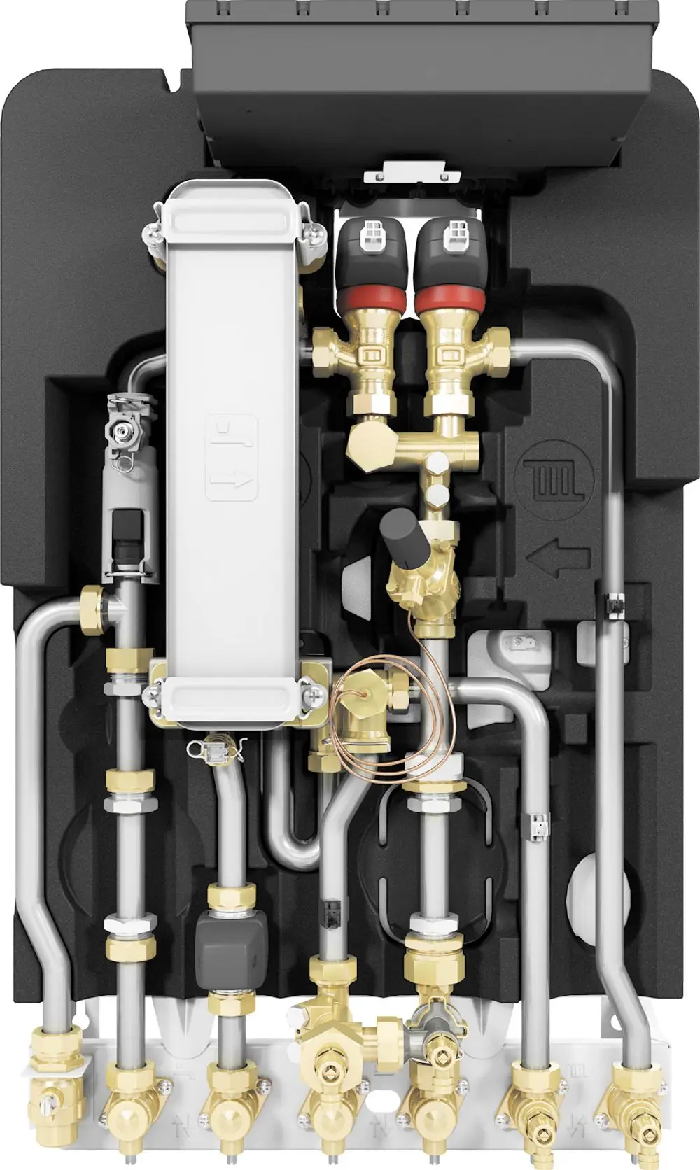 Wassermanagementsystem von Bosch mit verschiedenen Ventilen und Rohren, angeordnet in einer kompakten, unterputz-installierbaren Einheit für Heiz- und Kühlanwendungen.